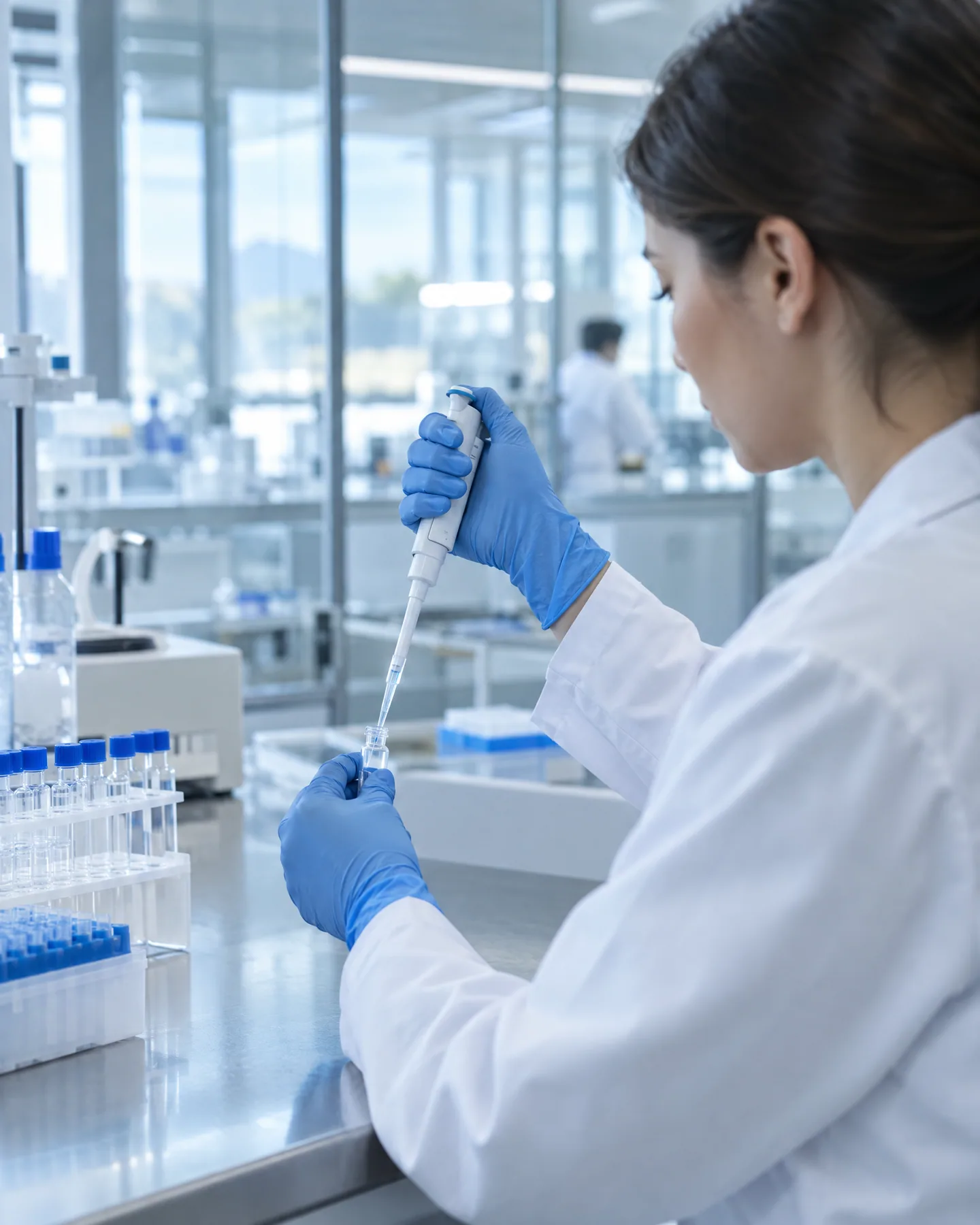 Laboratory analyst pipetting a solution into a sample vial