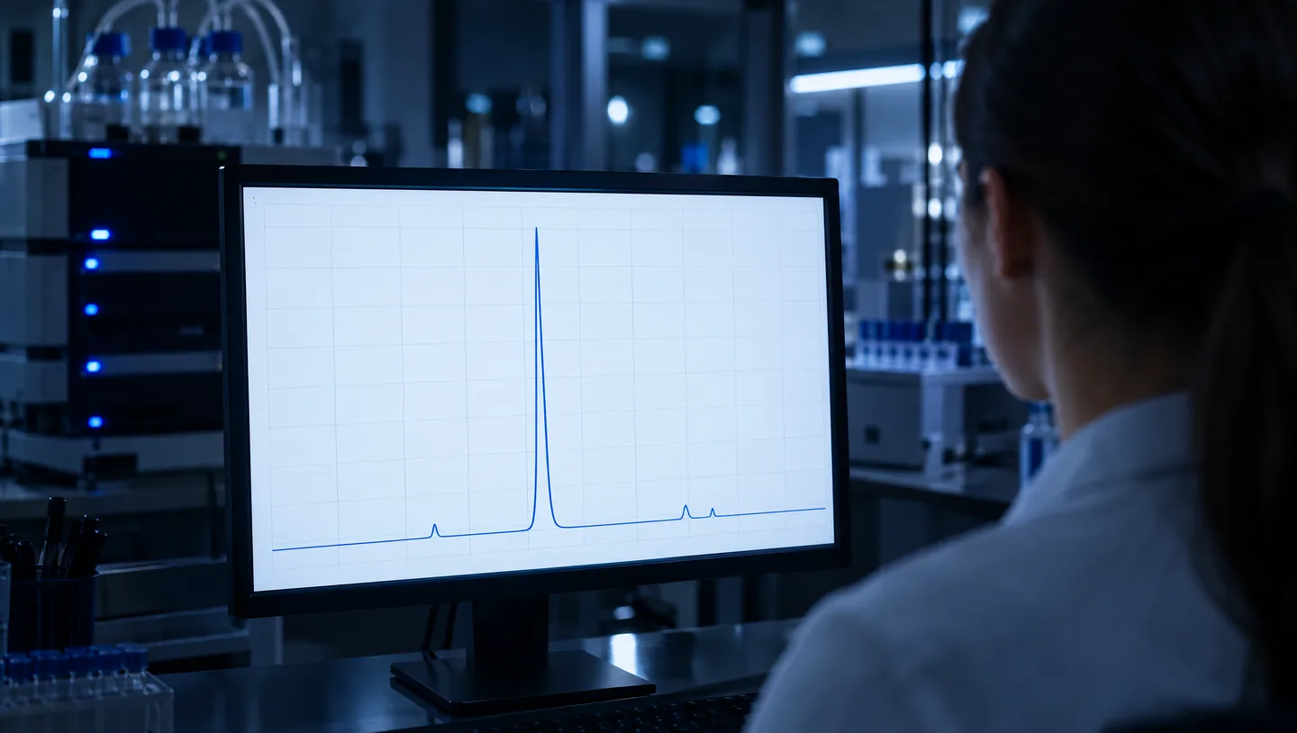 Laboratory monitor showing a chromatogram with a single sharp peak