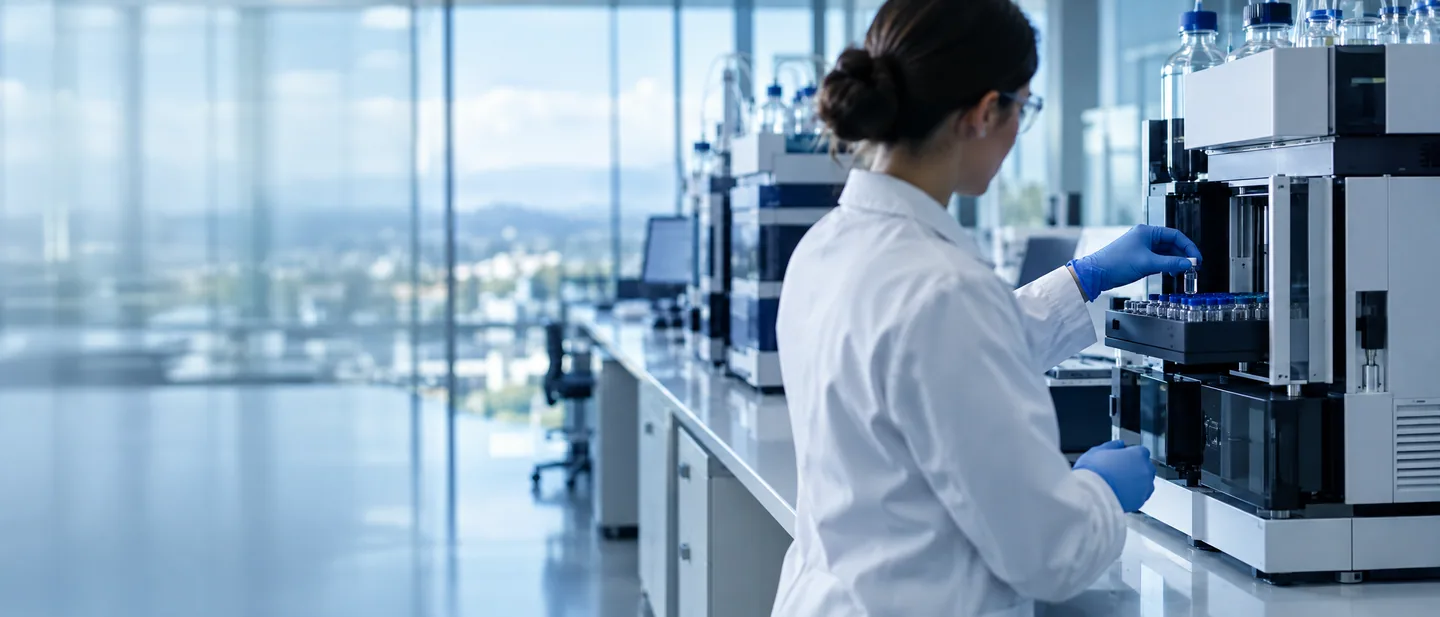 Analyst loading a sample vial into an HPLC autosampler in a modern laboratory