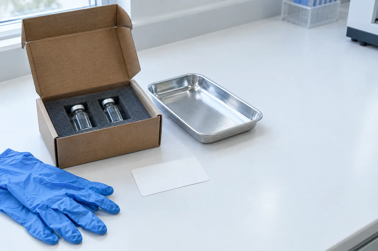 Sample receiving station with a shipping box holding two vials