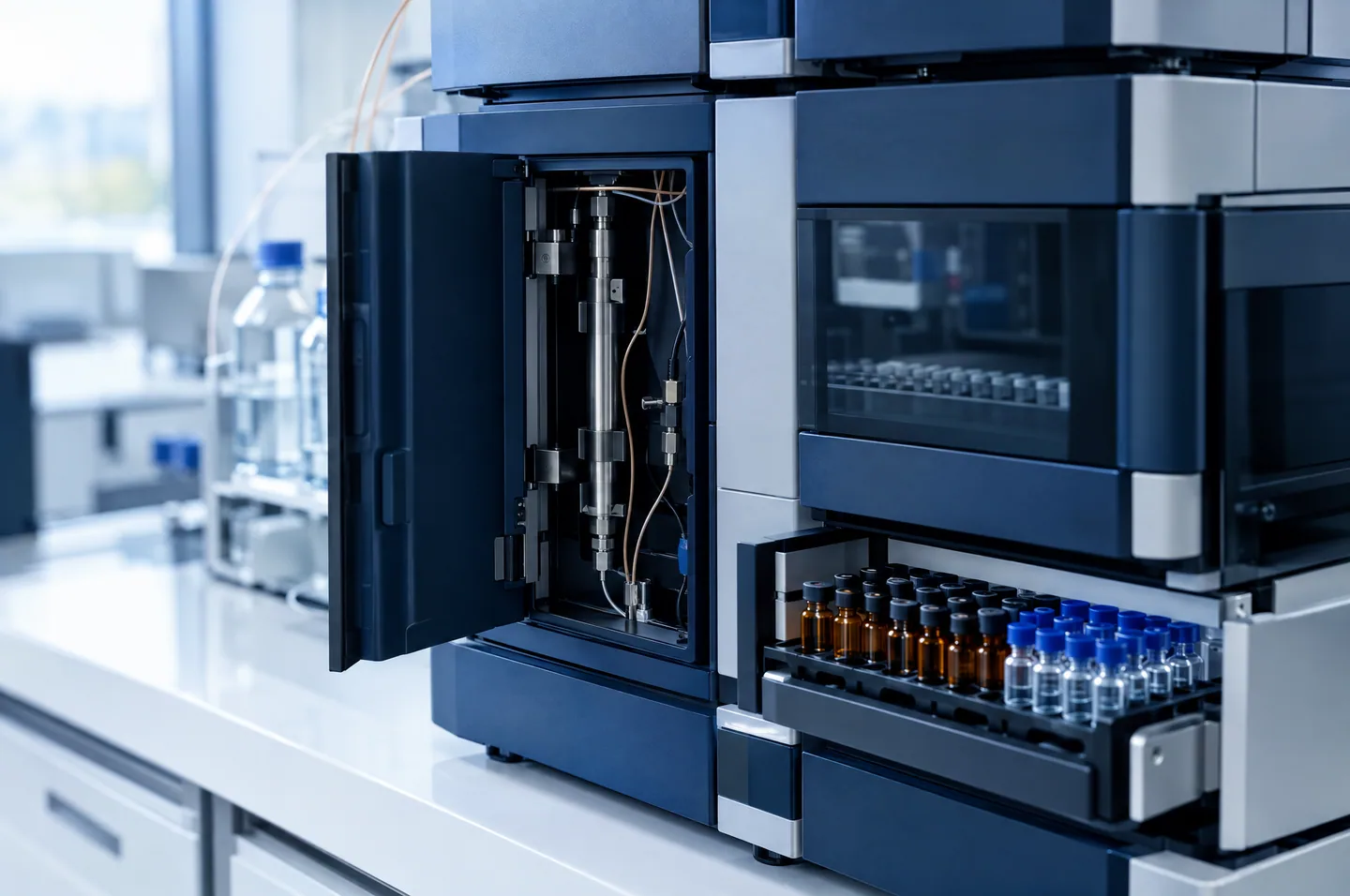 UHPLC liquid chromatography system with a tray of autosampler vials