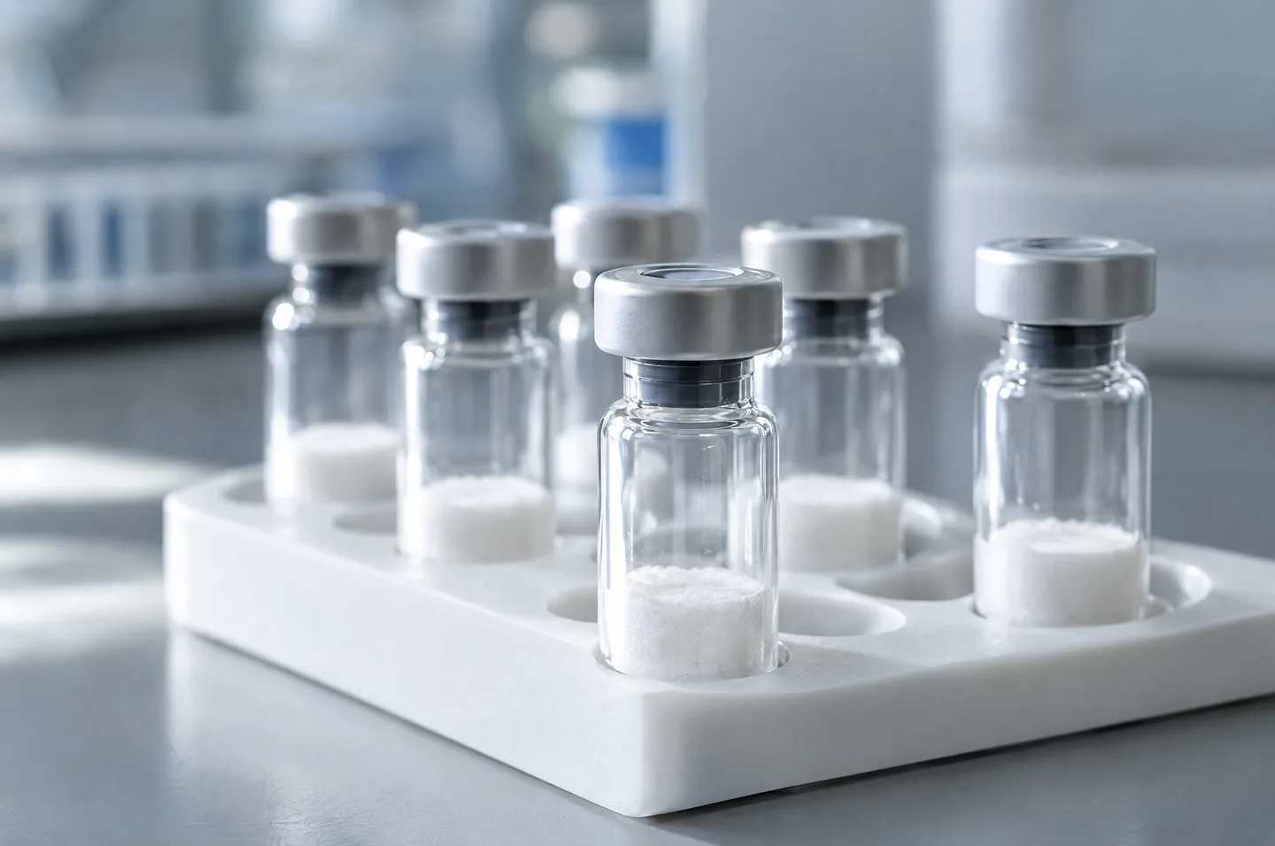 Lyophilized peptide vials in a laboratory rack